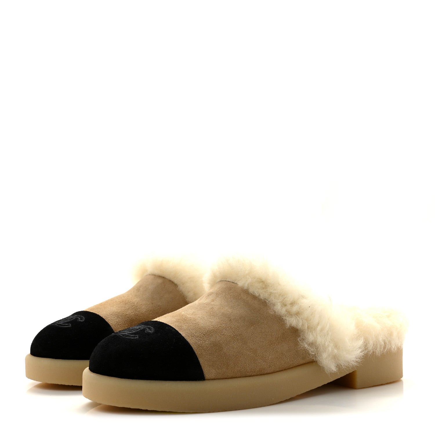 Chanel Suede Shearling CC Cap Toe Mules 40 Beige Black 4 of 10
