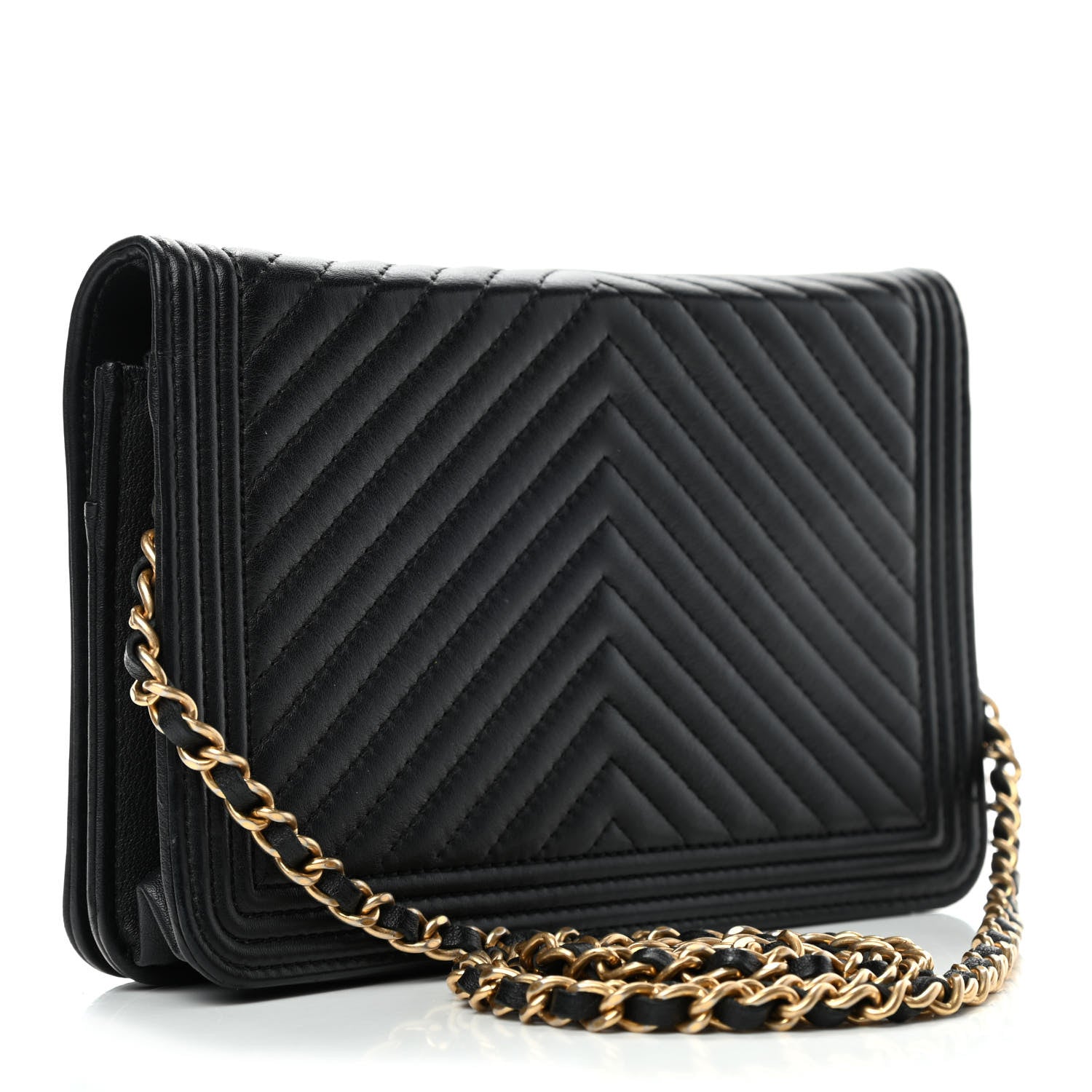Chanel Calfskin Chevron Boy Wallet On Chain WOC Black 2 of 6