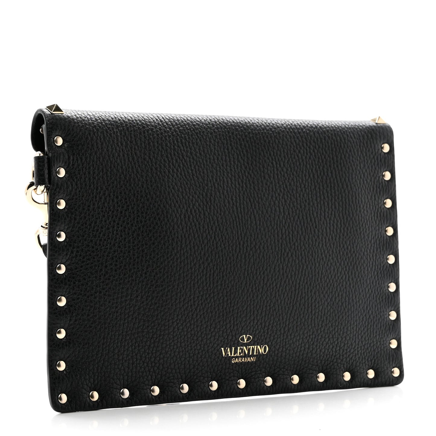 Pebbled Calfskin Medium Rockstud Envelope Flat Wristlet Pouch Black