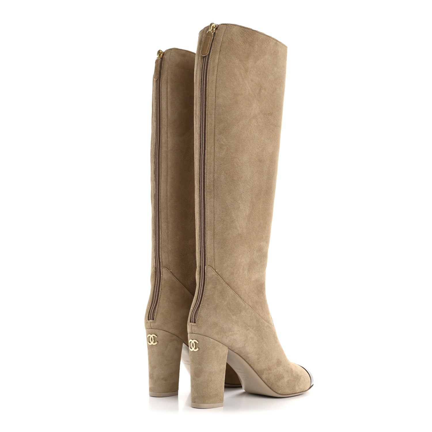Chanel Suede Lambskin Shiny Calfskin Sherpa CC High Boots 38.5 Light Beige Black 4 of 11