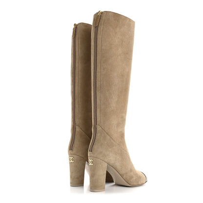 Chanel Suede Lambskin Shiny Calfskin Sherpa CC High Boots 38.5 Light Beige Black 4 of 11