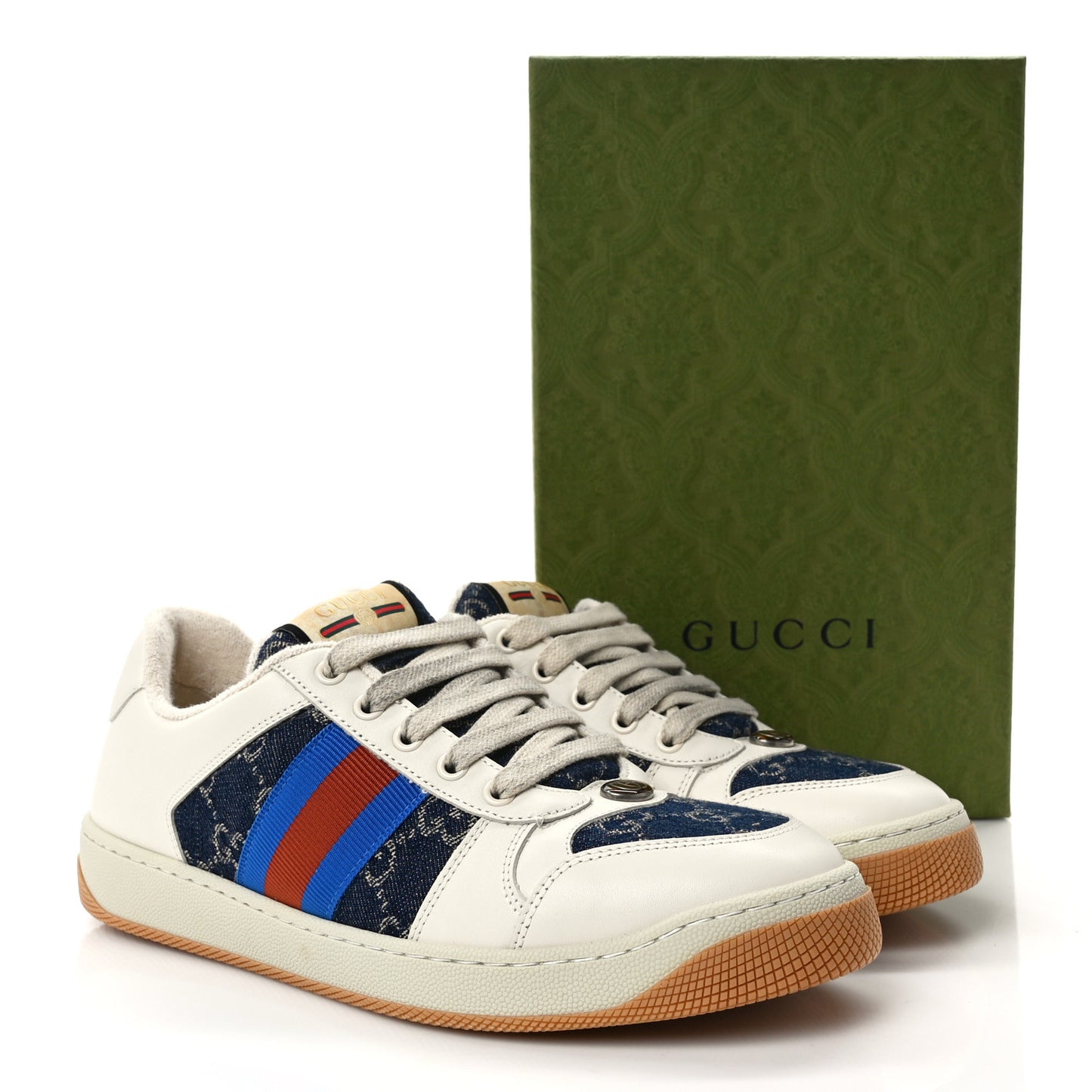 Denim GG Monogram Calfskin Web Womens Screener Sneakers 40.5 Blue Tea New Mystic White
