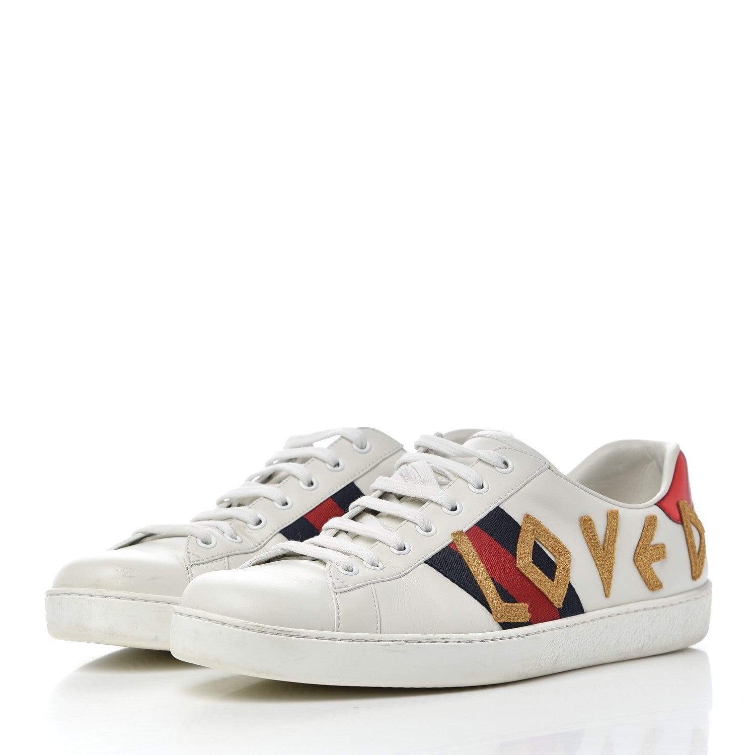 Gucci Calfskin Nappa Web LOVED Embroidered Mens Ace Sneakers 10 White Red Flame Notte 3 of 16