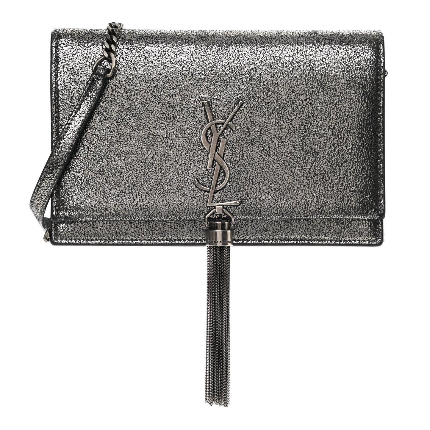 Metallic Calfskin Classic Monogram Kate Tassel Chain Wallet Gun Metal