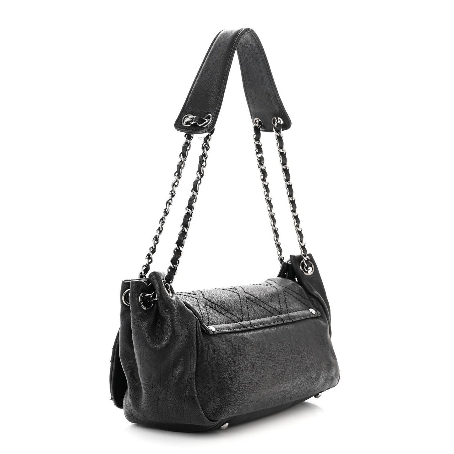 Calfskin Diamond Stitch Accordion Flap Black