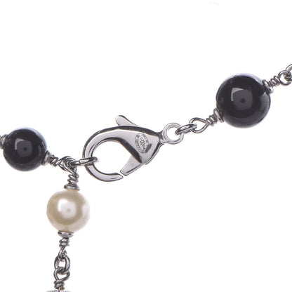 Chanel Pearl Crystal Bead CC Long Necklace Silver Black White 6 of 7