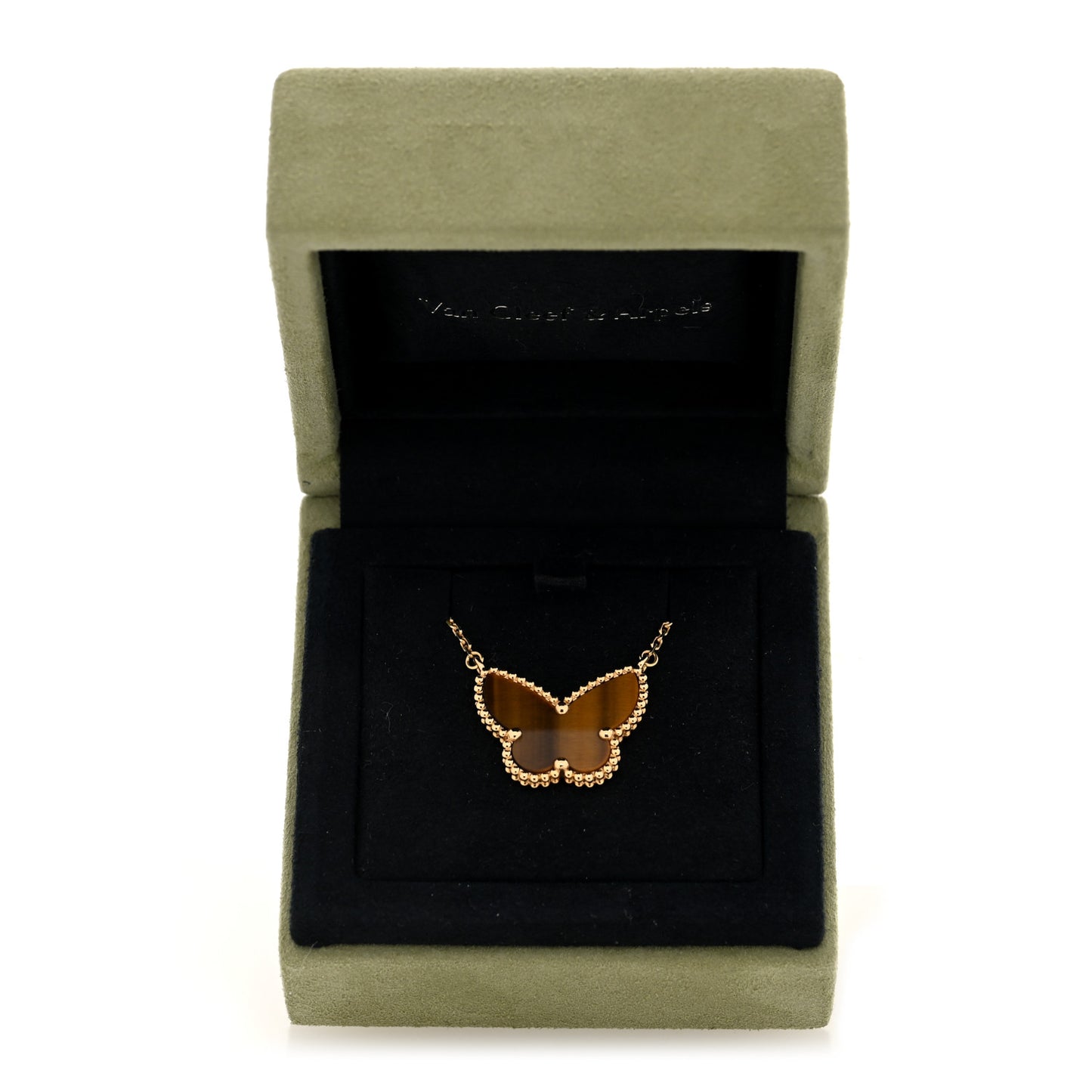 18K Yellow Gold Tiger Eye Lucky Alhambra Butterfly Pendant Necklace