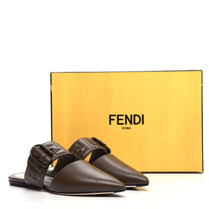 Fendi Vitello FF Embossed Buckle Flat Mules 36 Wood 11 of 11