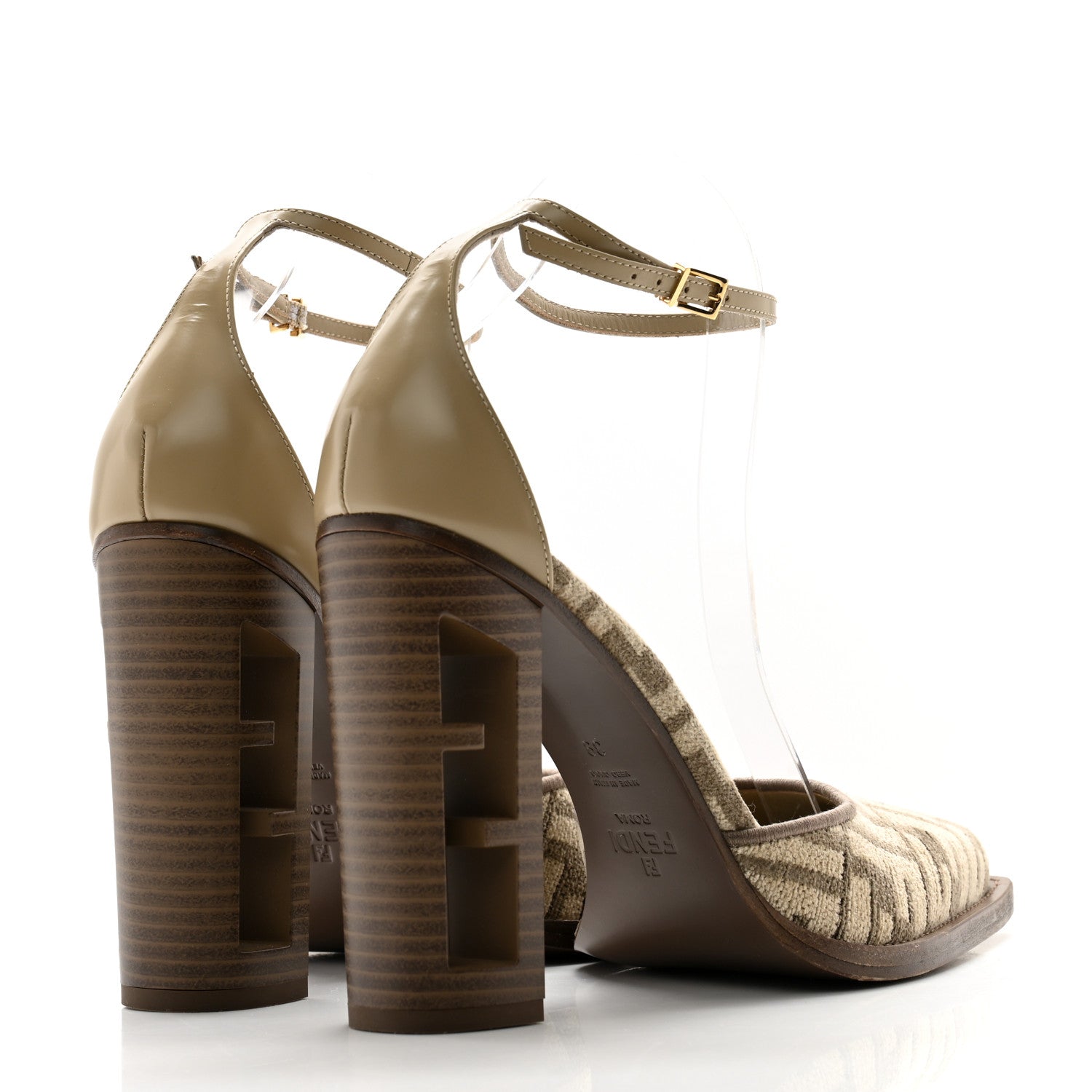 Fendi Chenille Jacquard FF Cut Baguette Ankle Strap 105mm Pumps 39 Tortora Nuvola 4 of 11