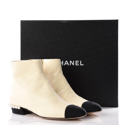 Chanel Lambskin Grosgrain Pearl Cap Toe Short Boots 40 Ivory Black 9 of 9