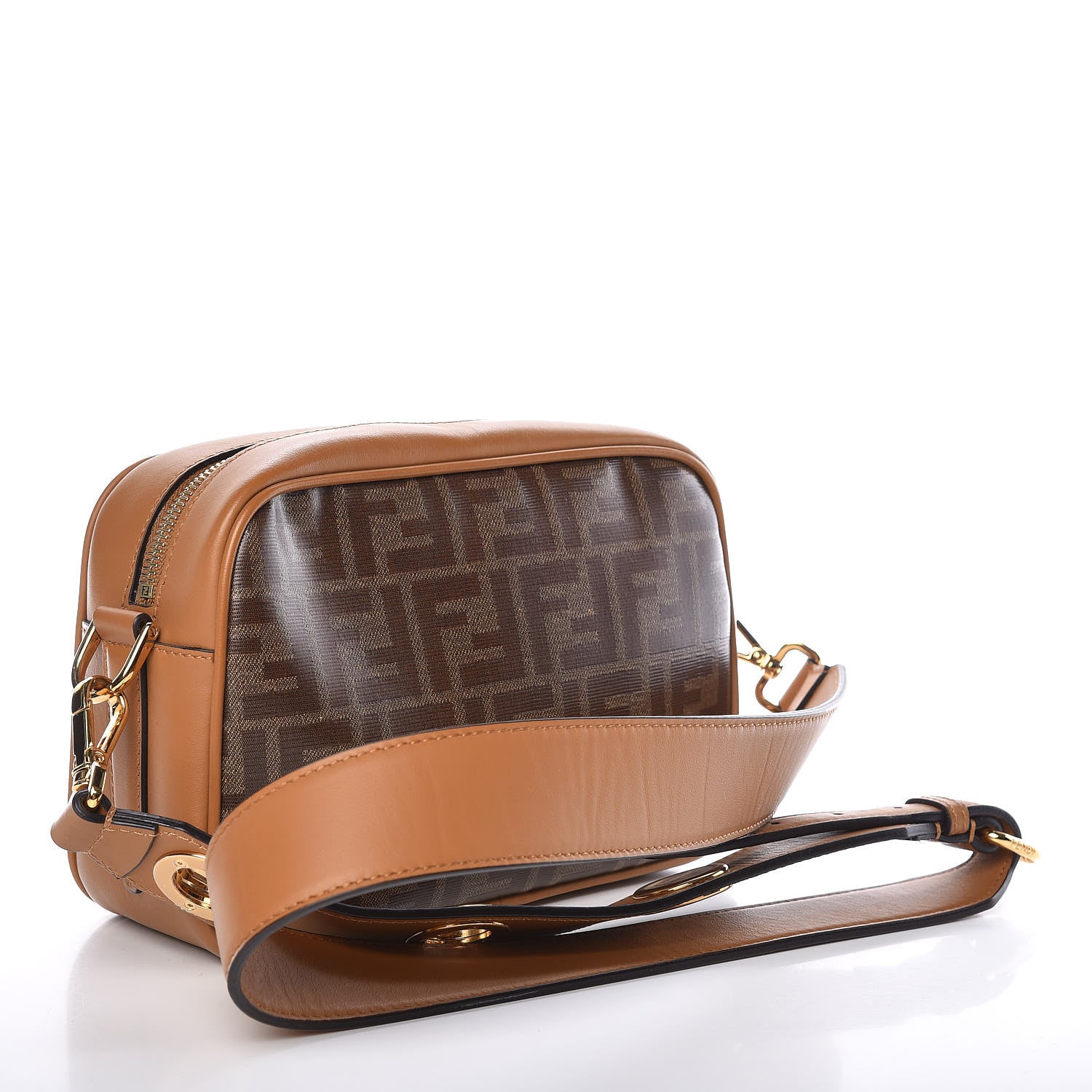 Fendi Glazed Fabric Vitello Century F is Fendi FF 1974 Stamp Patch Camera Case Mogano Panna Caramello 3 of 9