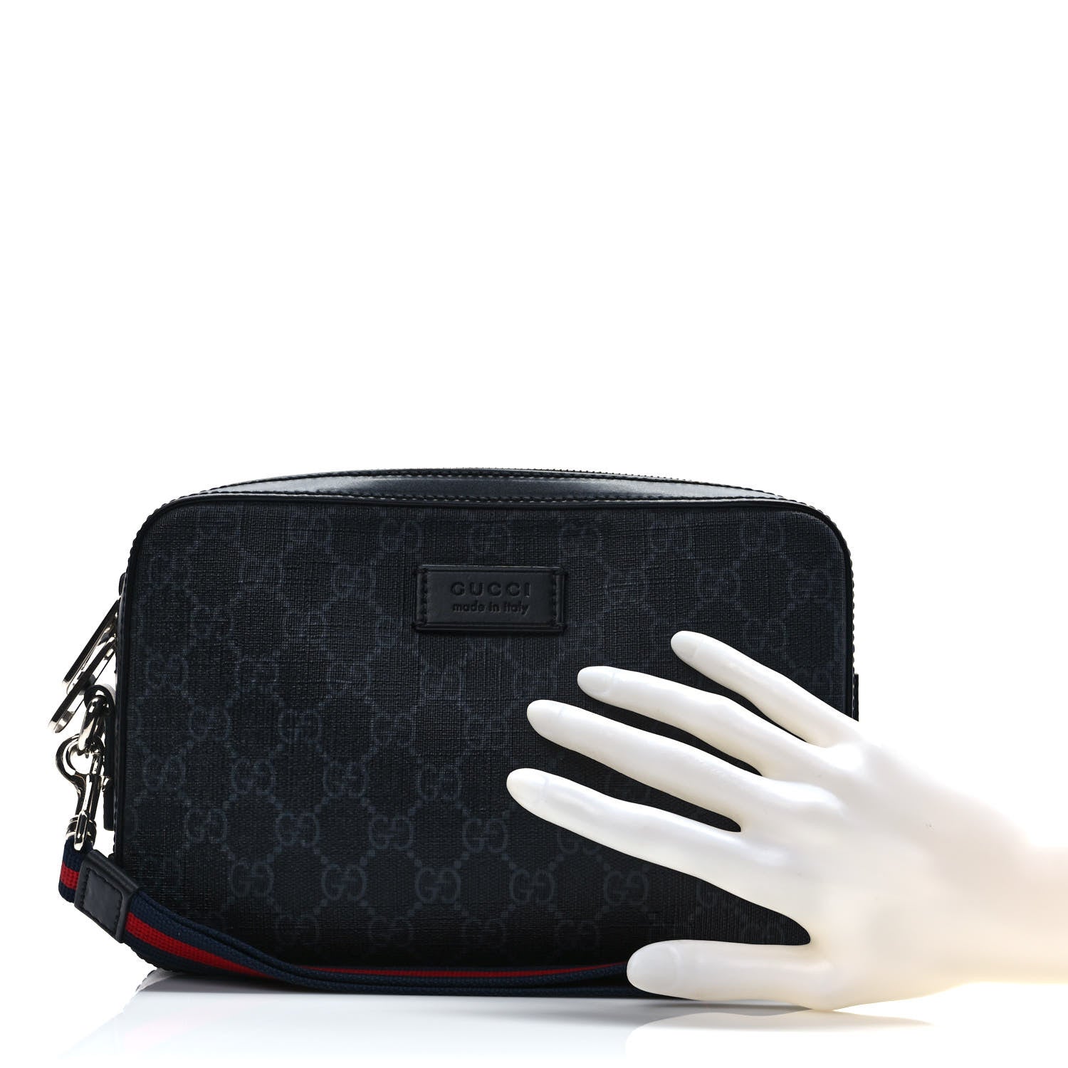 Gucci GG Supreme Monogram Appia Calfskin Web Wristlet Black 2 of 9