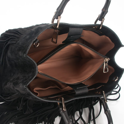 Gucci Suede Bamboo Fringe Medium Shopper Tote Black 5 of 7