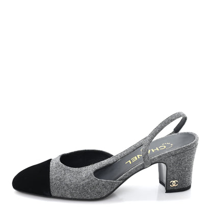 Chanel Tweed Patent Cap Toe CC Slingback Pumps 36.5 Gray 1 of 10