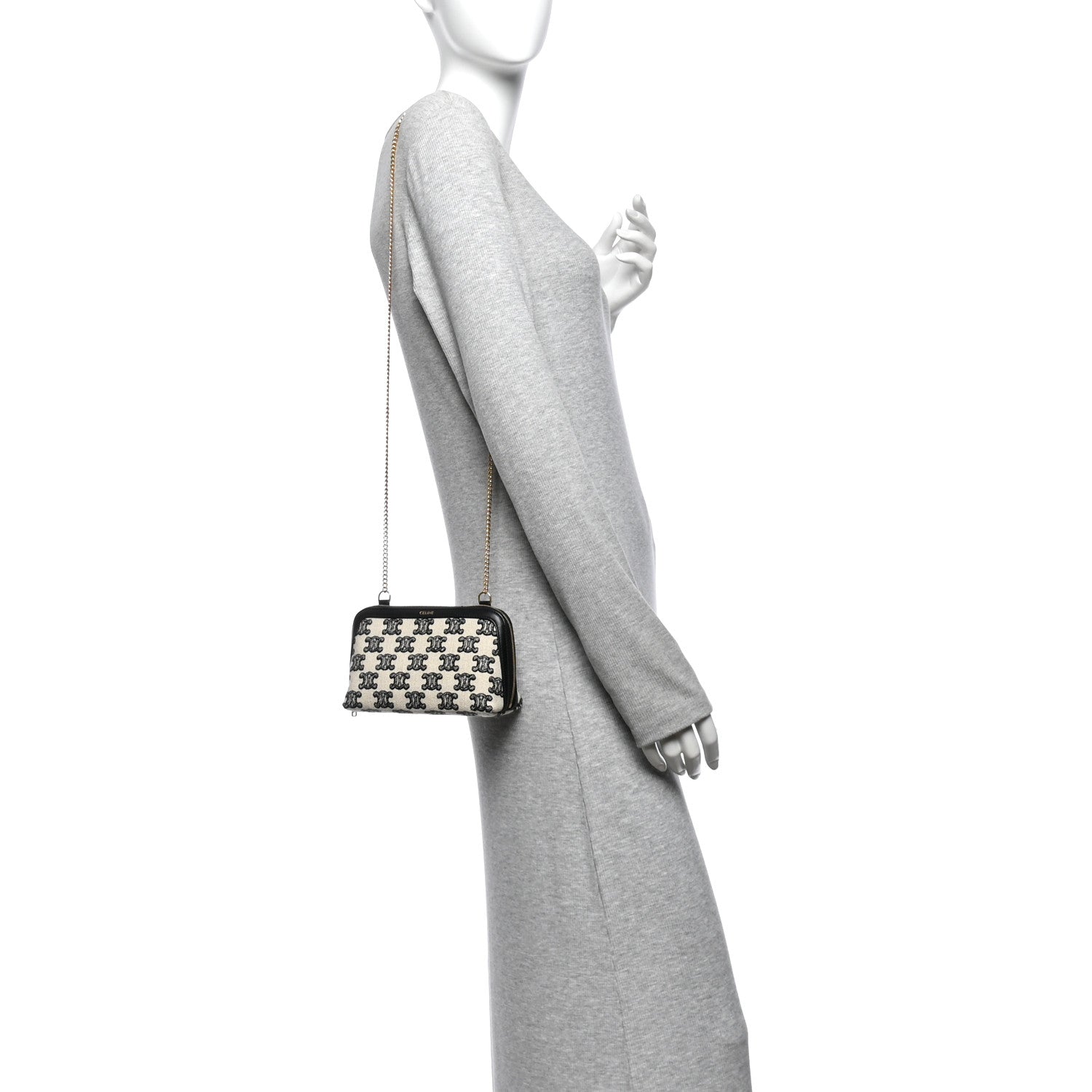 Celine Canvas Calfskin Triomphe Embroidered Clutch On Chain Black 2 of 11