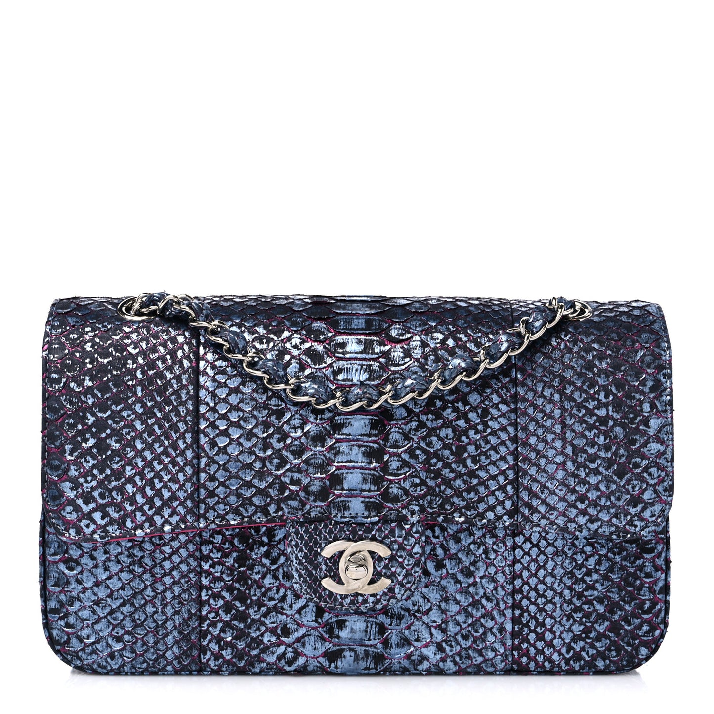 Metallic Snakeskin Medium Double Flap Blue Pink