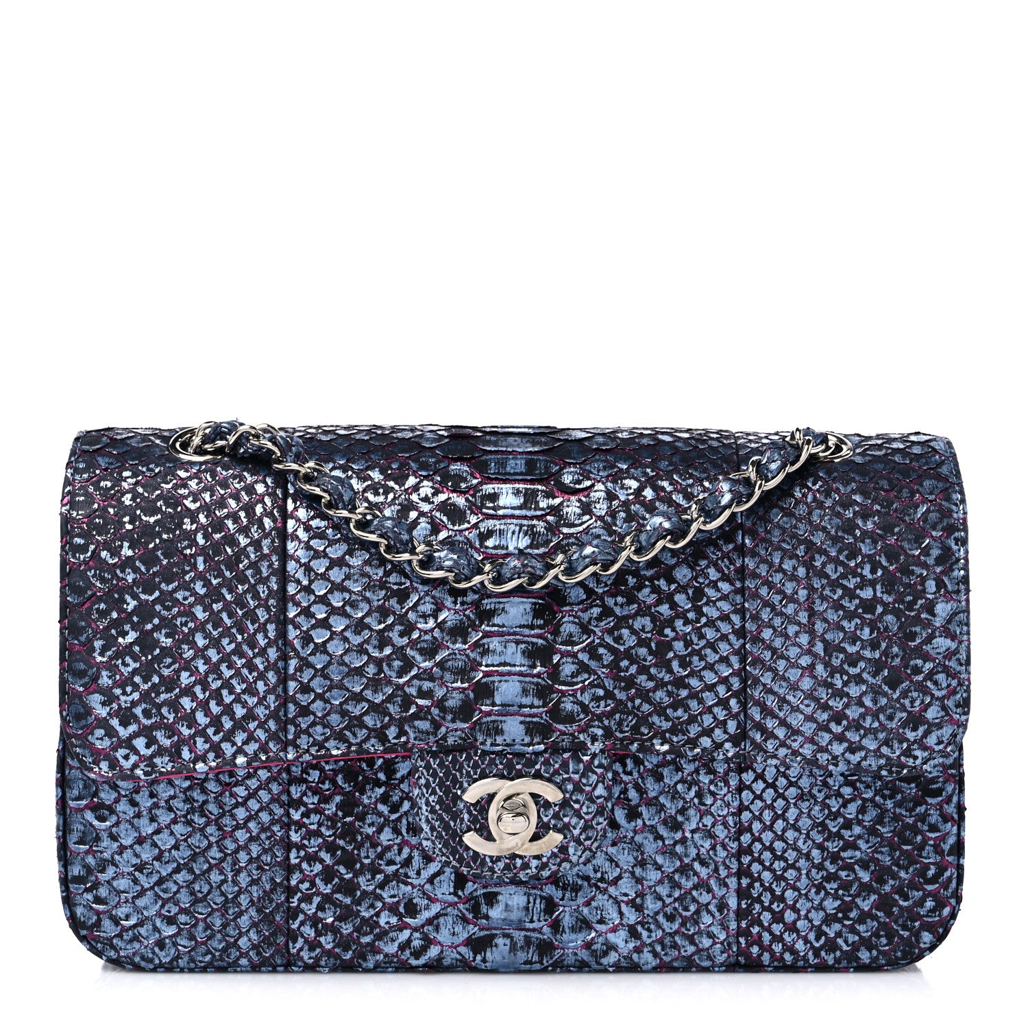 Chanel Metallic Snakeskin Medium Double Flap Blue Pink 1 of 15