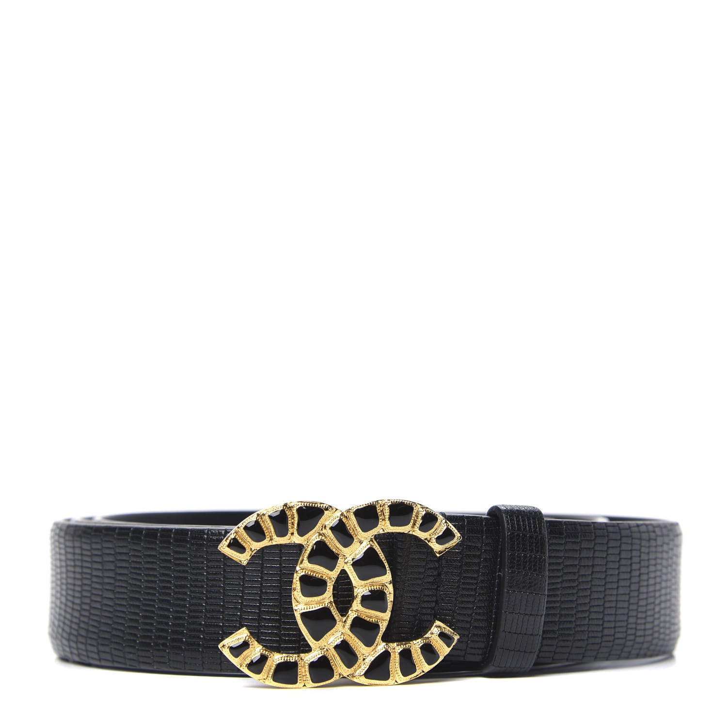 Chanel Lizard Embossed Calfskin Gripoix Poured Glass Along The Nile CC Belt 110 Black 1 of 5