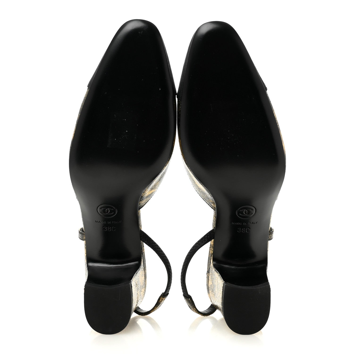 Chanel Laminated Lambskin Grosgrain Cap Toe CC Slingback Pumps 38 Gold Black 6 of 10