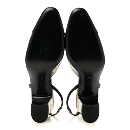 Chanel Laminated Lambskin Grosgrain Cap Toe CC Slingback Pumps 38 Gold Black 6 of 10
