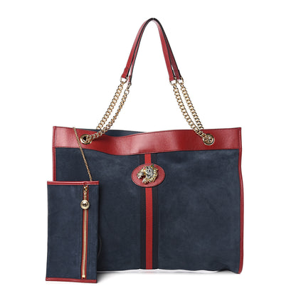 Gucci Suede Calfskin Large Rajah Chain Tote New Blue Romantic Cherry 1 of 11