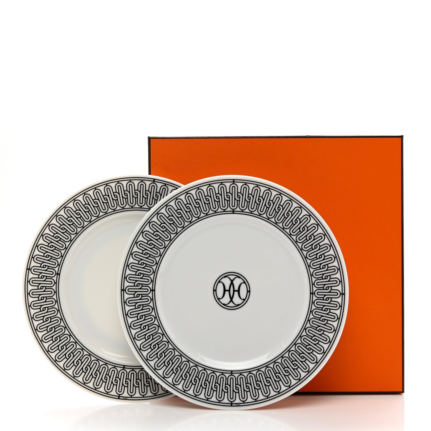 Hermes Porcelain H Deco Dessert Plates Set of 2 Black White