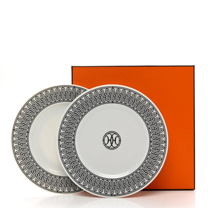 Hermes Porcelain H Deco Dessert Plates Set of 2 Black White 8 of 8