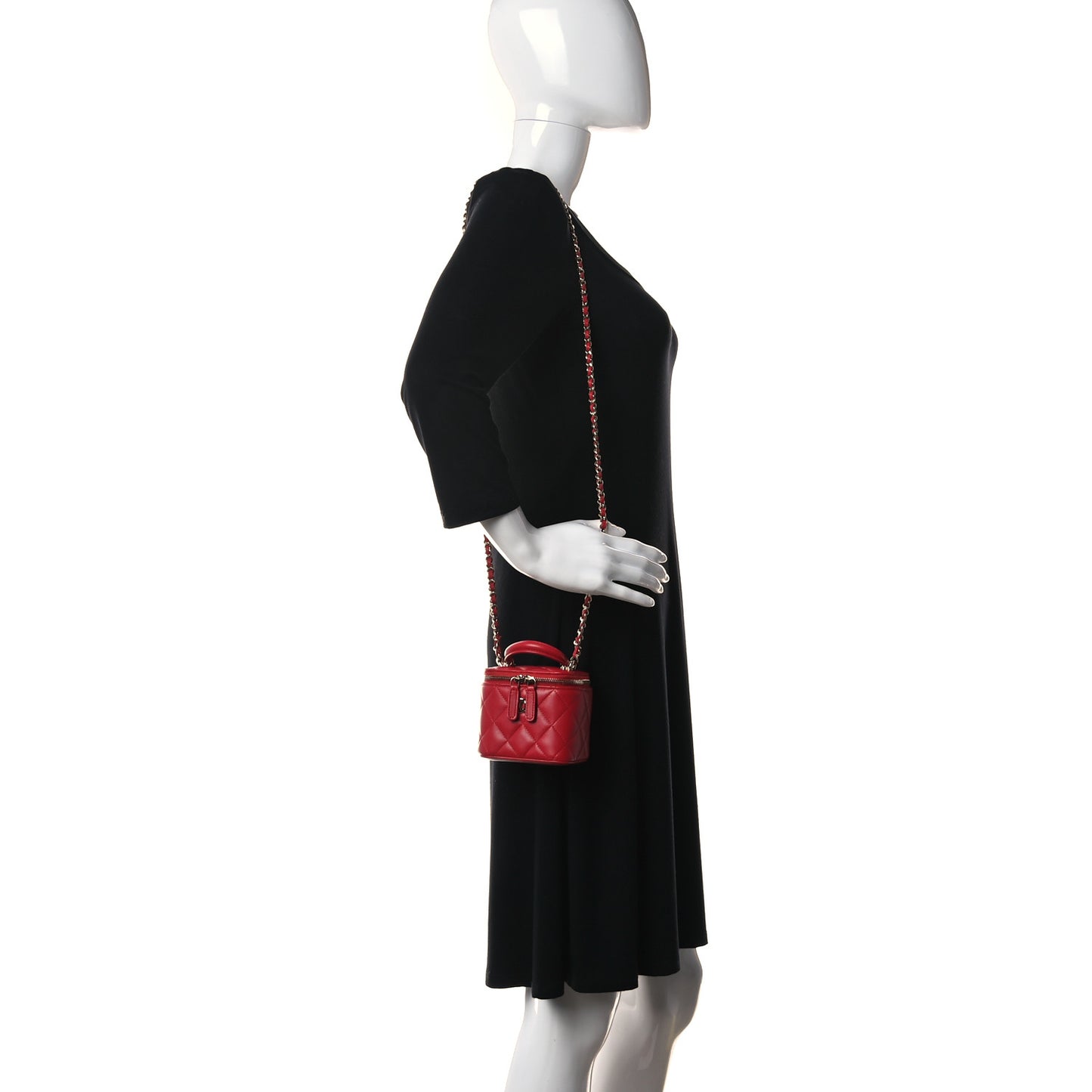 Lambskin Quilted Top Handle Mini Vanity Case With Chain Red