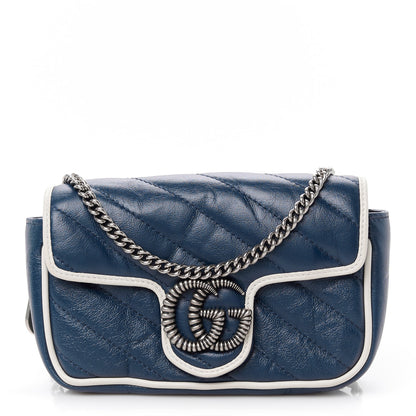 Gucci Vintage Effect Calfskin Matelasse Diagonal Super Mini Torchon GG Marmont Shoulder Bag Blue Agata Mystic White 1 of 10