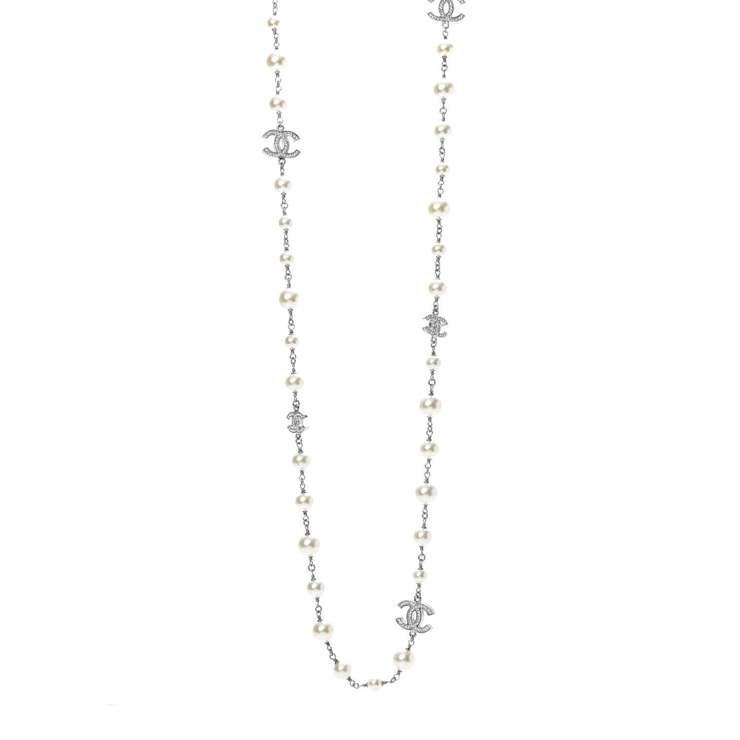 Graduated Pearl Crystal CC Long Necklace Silver