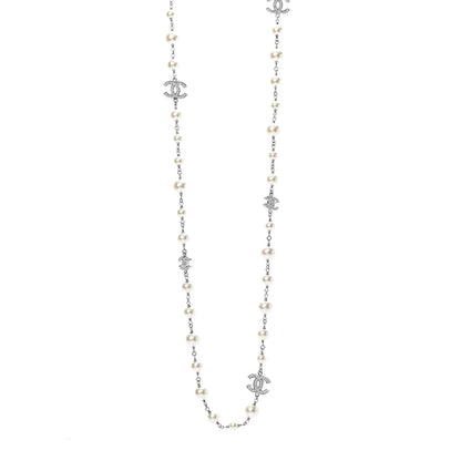 Chanel Graduated Pearl Crystal CC Long Necklace Silver 1 of 5