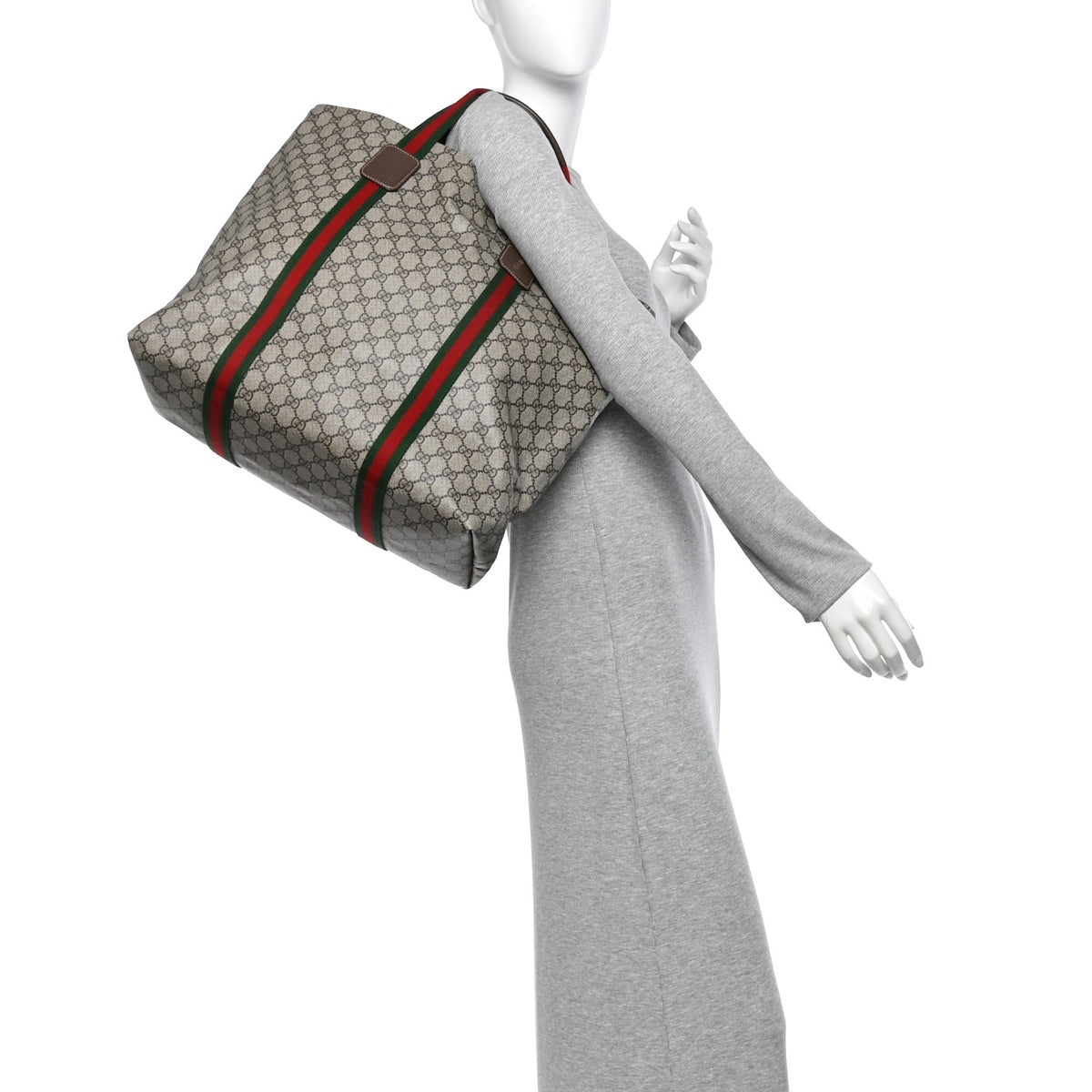 Tender GG Supreme Monogram Textured Dollar Calfskin Web Tote Beige Ebony New Acero