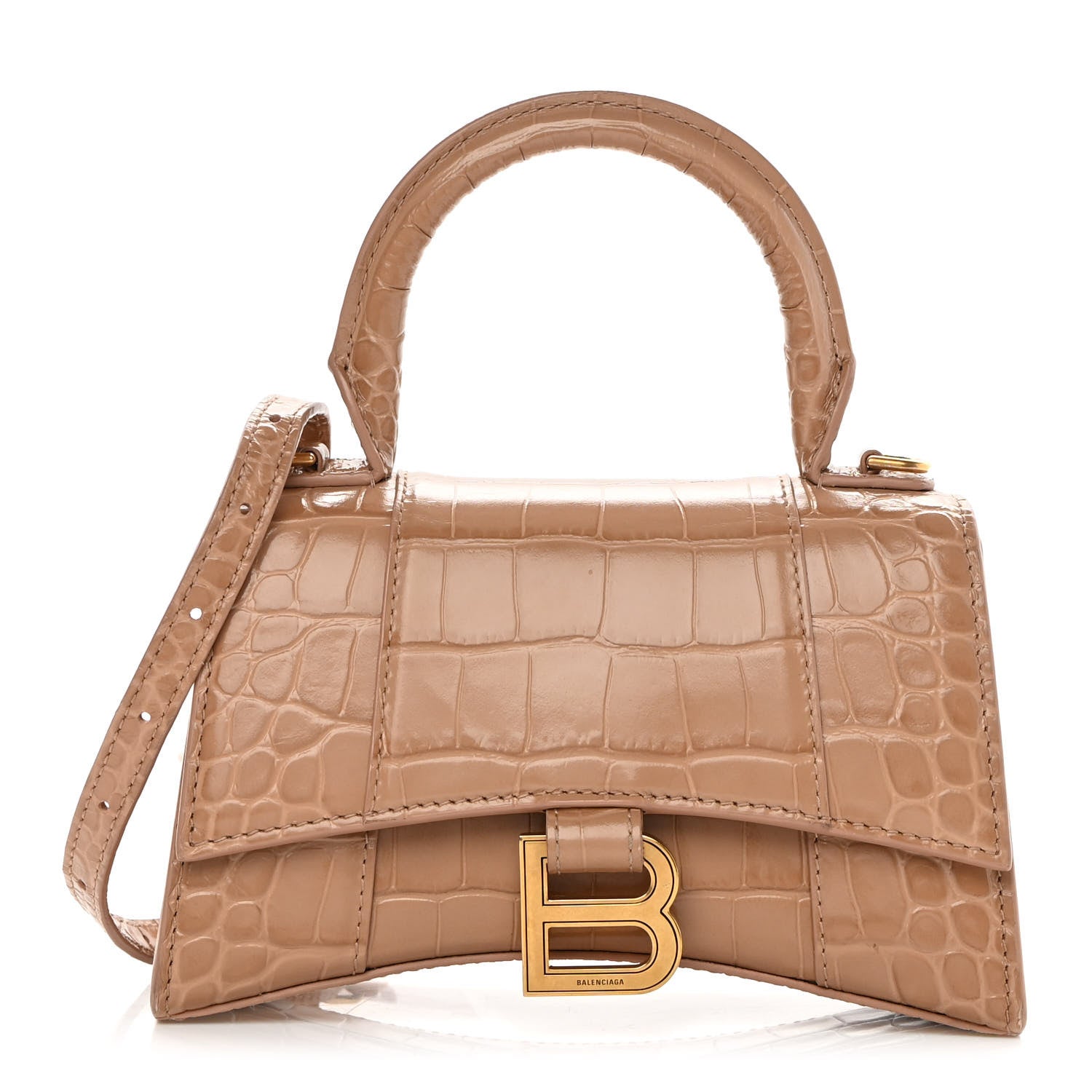 Balenciaga Shiny Calfskin Crocodile Embossed Hourglass Top Handle Bag XS Nude Beige 1 of 16