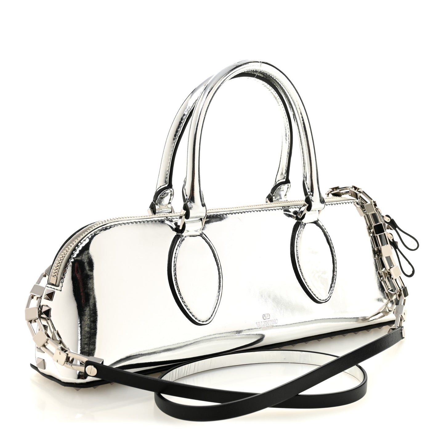Mirror Calfskin Rockstud East West Top Handle Bag Silver