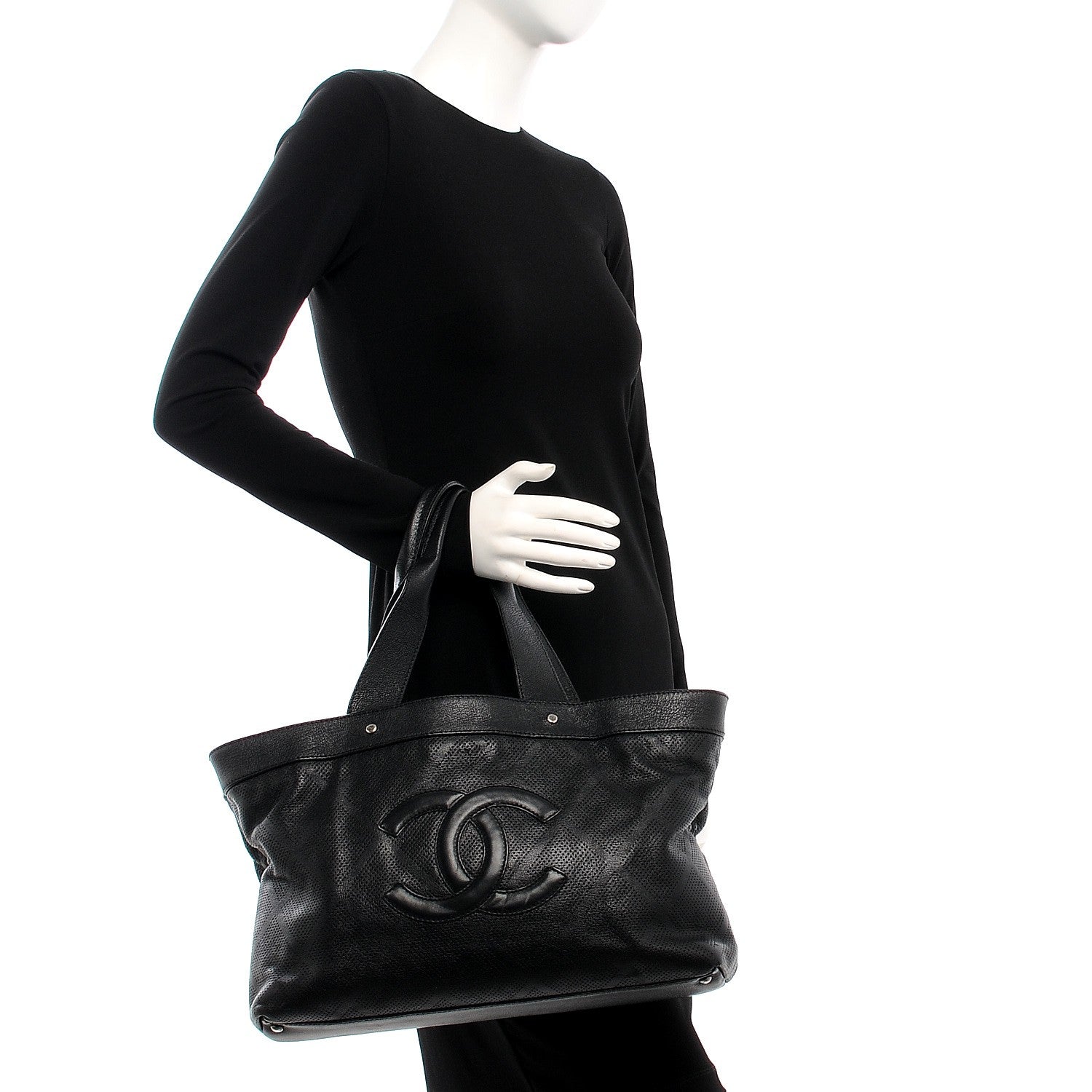 Chanel Goatskin Perforated Large CC Tote Black 2 of 8