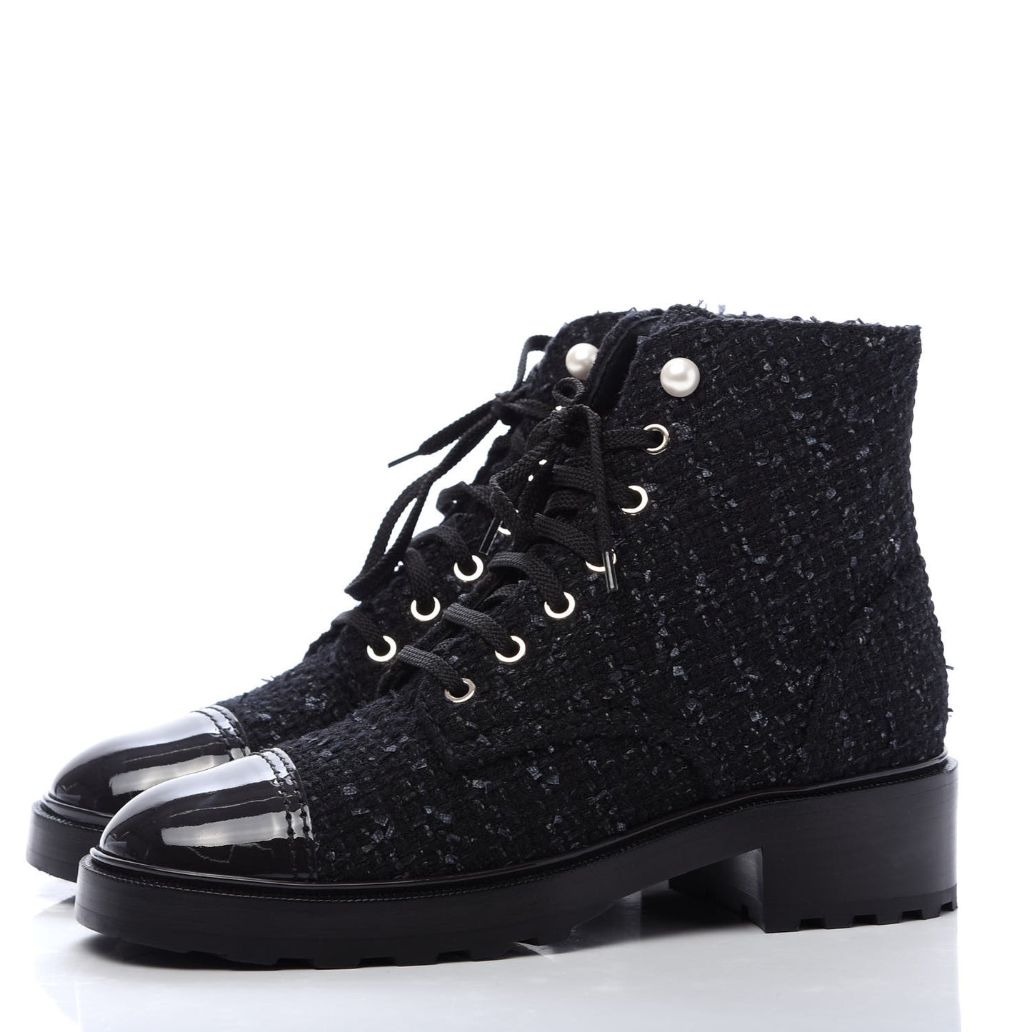 Tweed Patent Calfskin Pearl Combat Short Boots 40 Black Grey Blue