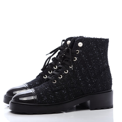 Chanel Tweed Patent Calfskin Pearl Combat Short Boots 40 Black Grey Blue 3 of 9