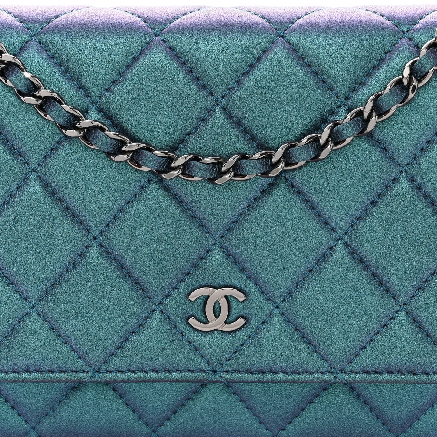 Iridescent Lambskin Quilted Wallet On Chain WOC Turquoise
