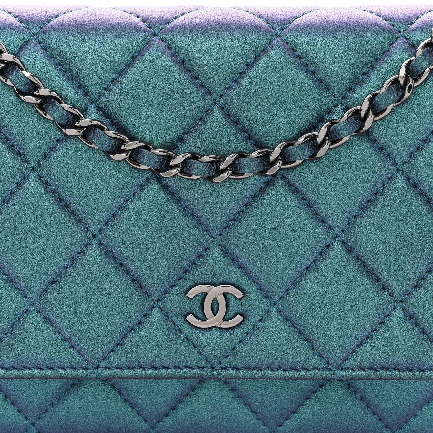 Chanel Iridescent Lambskin Quilted Wallet On Chain WOC Turquoise 9 of 12
