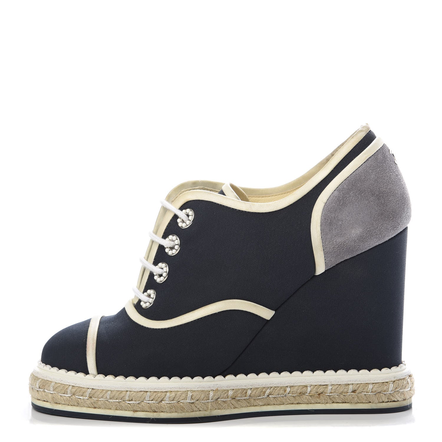 Chanel Raffia Lace Up Wedge Espadrilles 36 Grey Navy 1 of 12