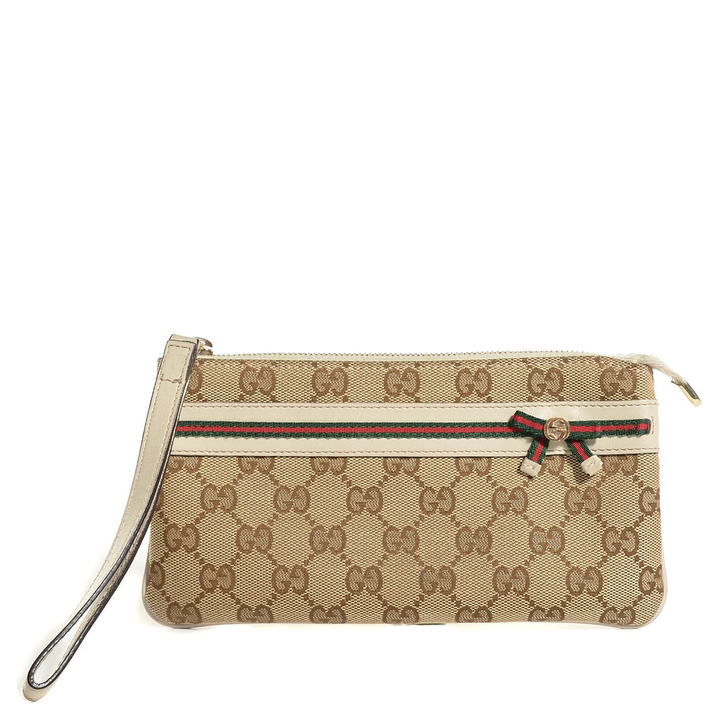 Monogram Web Bow and Interlocking G Mayfair Wristlet Off White