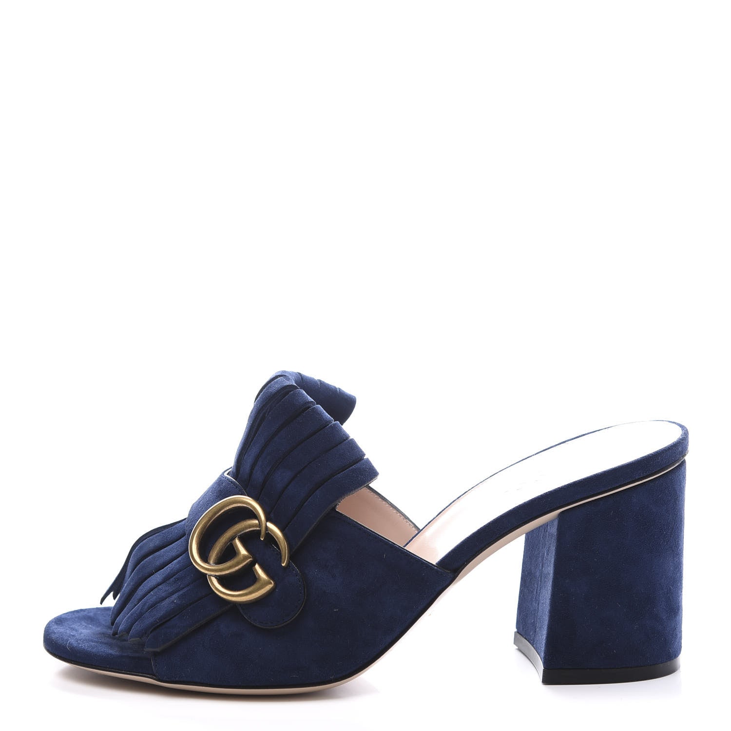 Gucci Kid Scamosciato GG Marmont Fringe 75mm Slide Sandals 38 Blue Ink 1 of 10