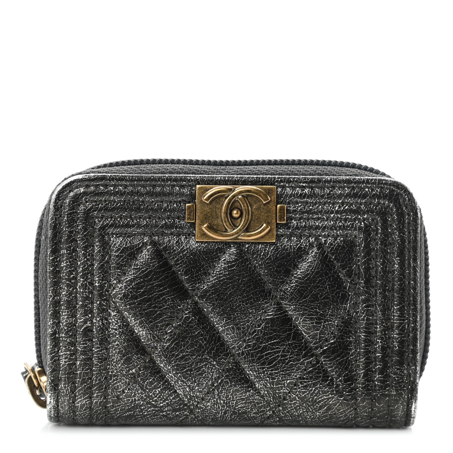 Chanel Cracked Metallic Calfskin Quilted Boy Zip Around Coin Purse Wallet Dark Silver 1 of 10
