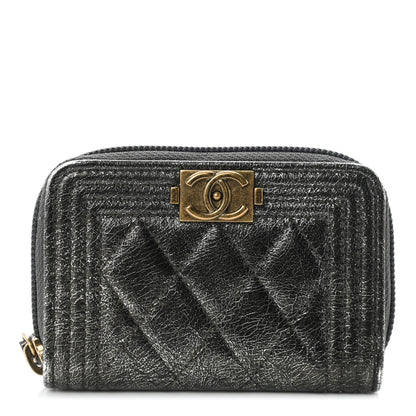 Chanel Cracked Metallic Calfskin Quilted Boy Zip Around Coin Purse Wallet Dark Silver 1 of 10