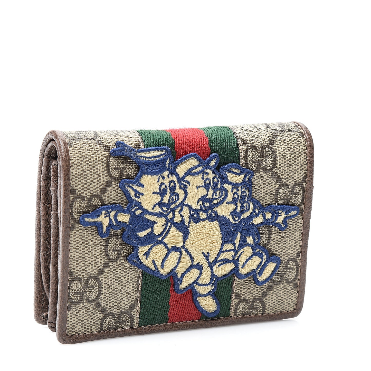 X DISNEY GG Supreme Monogram Web Three Little Pigs Ophidia Card Case Wallet Beige New Acero