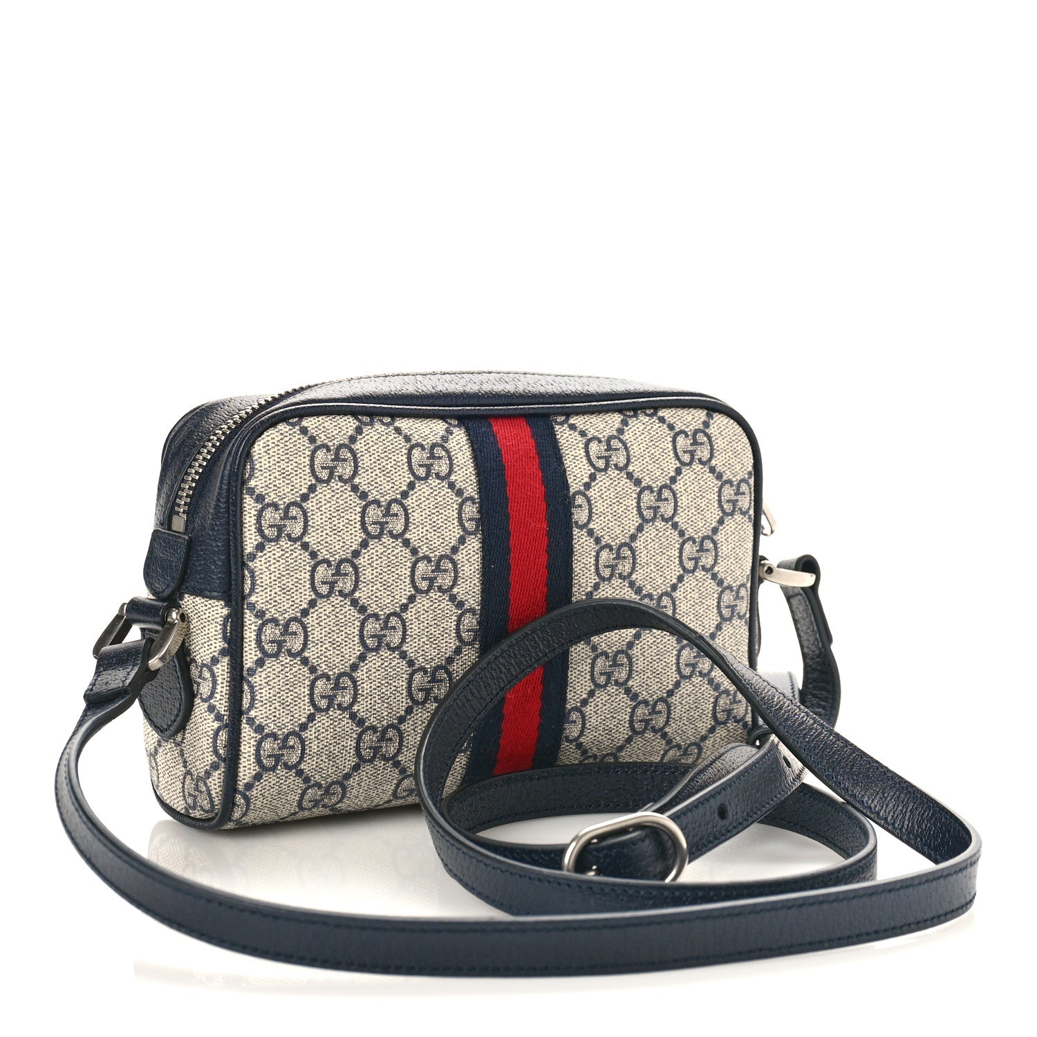 Gucci GG Supreme Monogram Textured Dollar Calfskin Web Mini Ophidia Shoulder Bag Beige Blue 3 of 8