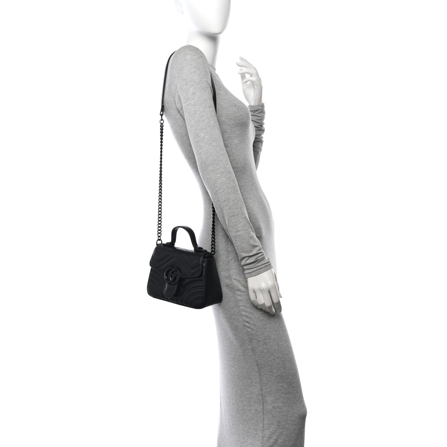 Gucci Calfskin Matelasse Monochrome GG Marmont Top Handle Shoulder Bag Black 2 of 10