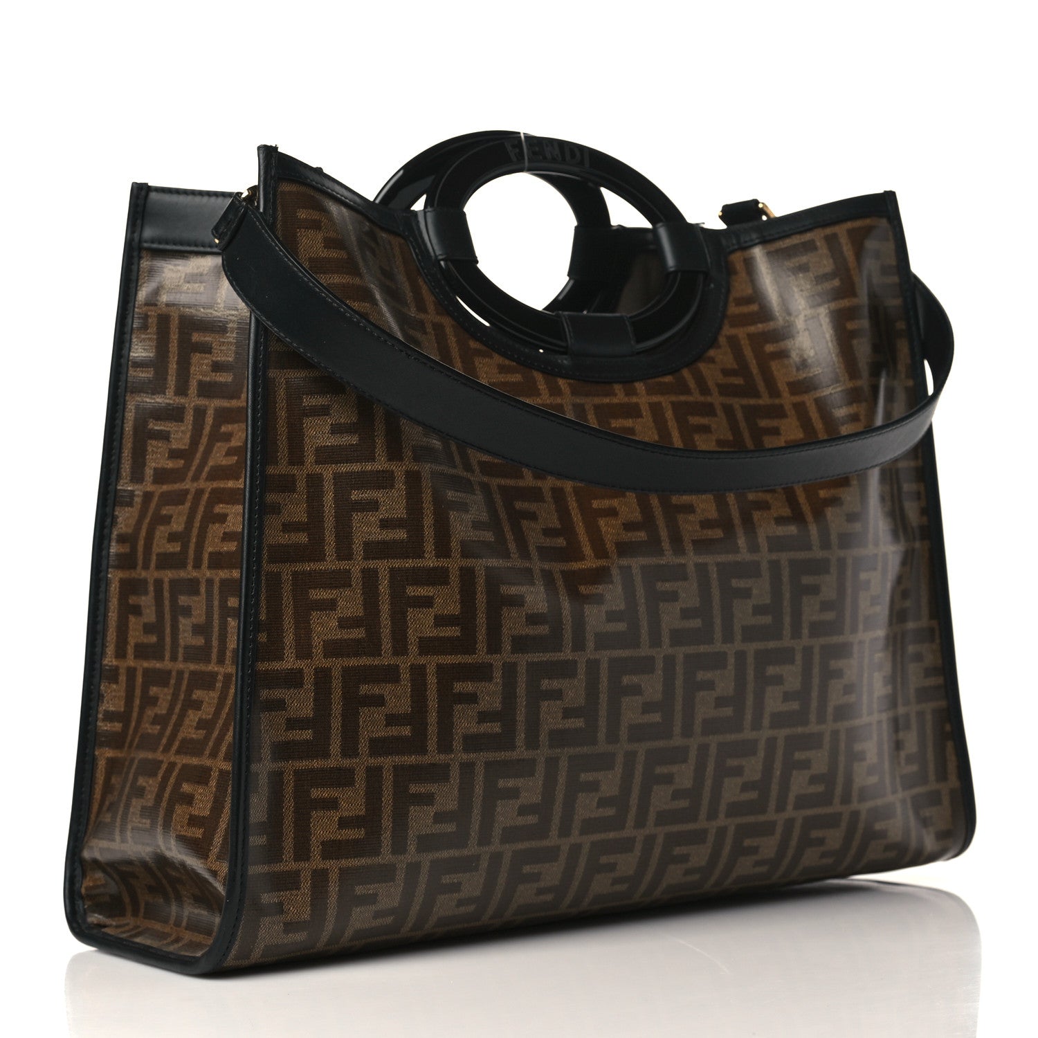 Fendi Glazed Fabric Vitello Century Plexiglass FF 1974 Stamp Patch Medium Runaway Shopper Tote Mogano Panna Black 3 of 10