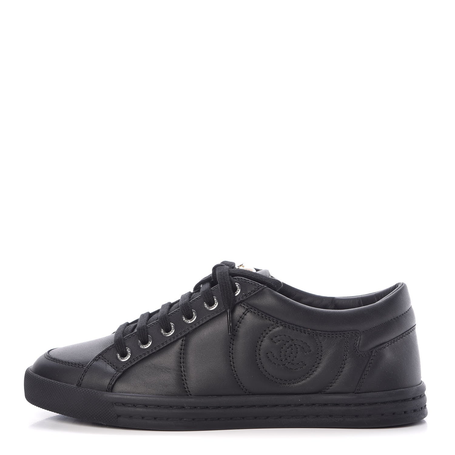 Chanel Oily Calfskin Pearl Low Top CC Sneakers 37.5 Black 1 of 9