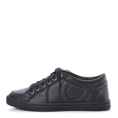 Chanel Oily Calfskin Pearl Low Top CC Sneakers 37.5 Black 1 of 9